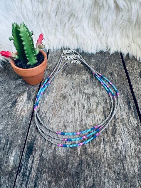 Seed Bead Choker - Grey/Turquoise/Pink