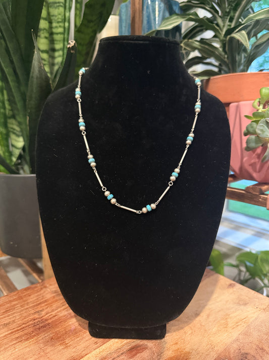 Sterling Silver Pearls, Chain, & Turquoise Necklace