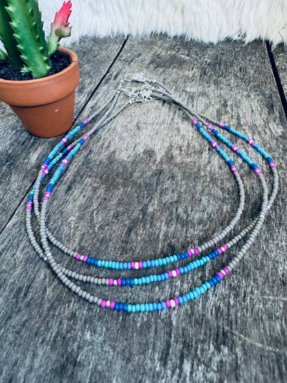 Seed Bead Choker - Grey/Turquoise/Pink