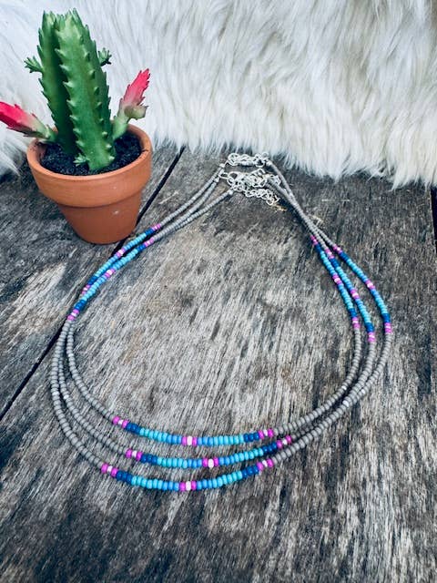 Seed Bead Choker - Grey/Turquoise/Pink