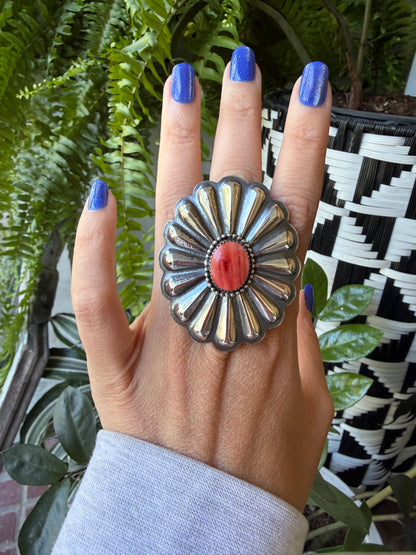 Ty Etsitty - Red Spiny Adjustable Concho Ring