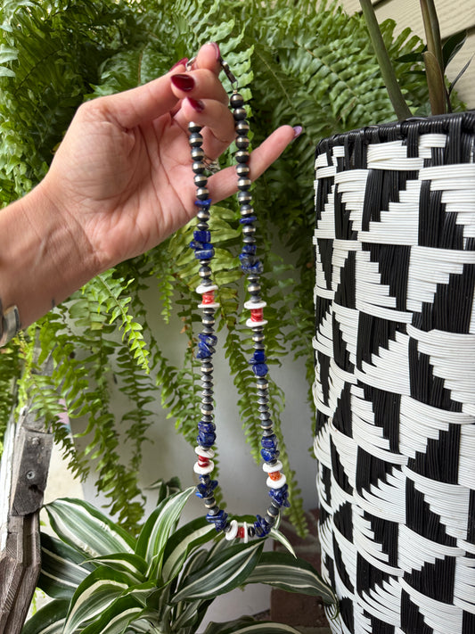 Chimney Butte - 26” Lapis, Spiny, and Handmade Pearl Necklace