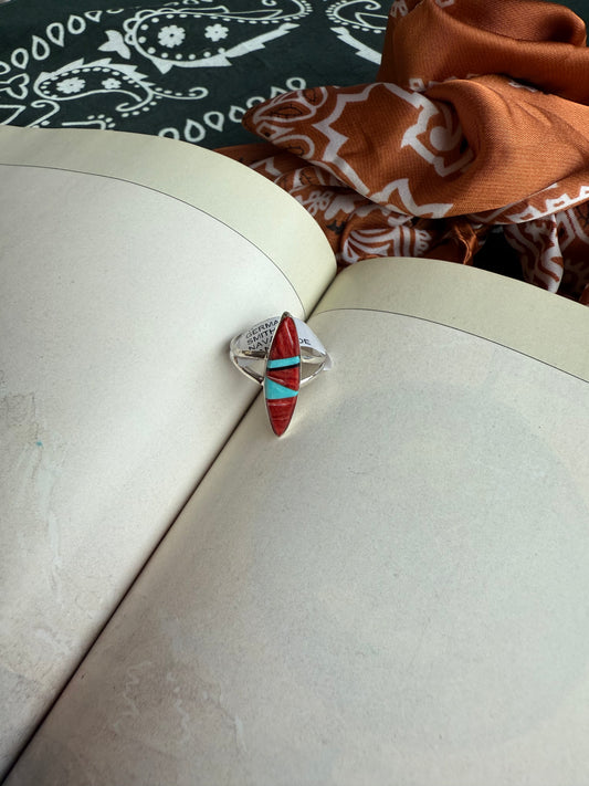 Red Spiny & Turquoise Ring - Size 7.5