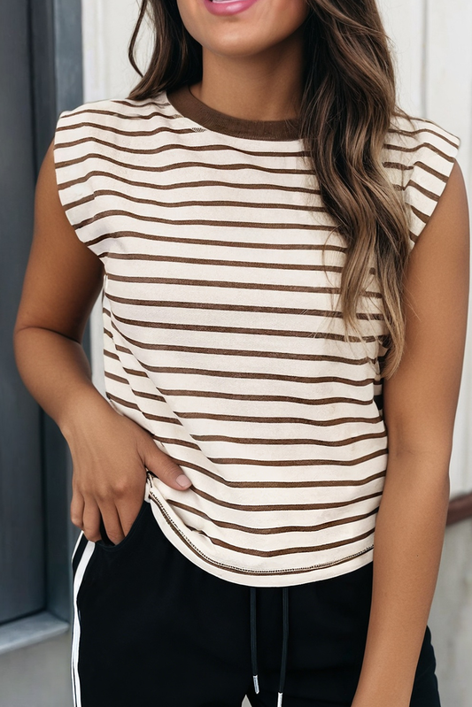 Stripe Ribbed Round Neck Trim Loose Tank Top