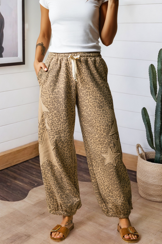 Leopard Star Patched Drawstring Jogger Pants
