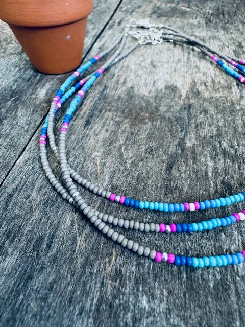 Seed Bead Choker - Grey/Turquoise/Pink