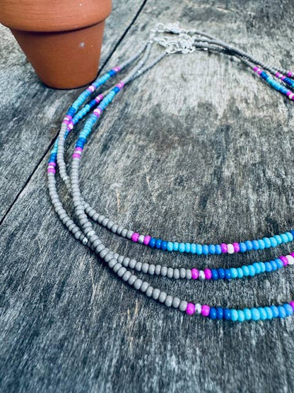 Seed Bead Choker - Grey/Turquoise/Pink